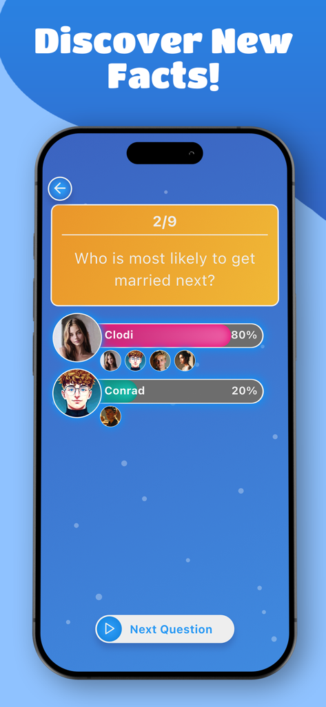 Most Likely To - Party App - Una pantalla de resultados de votación en la aplicación Most Likely To que muestra porcentajes y avatares de jugadores para la pregunta ¿Quién es el más probable a casarse el próximo