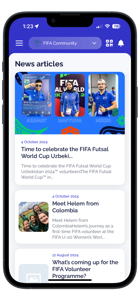 FIFA Volunteer Community - Sección de noticias de la aplicación de la Comunidad de Voluntarios de la FIFA que muestra historias de voluntarios y actualizaciones de eventos.