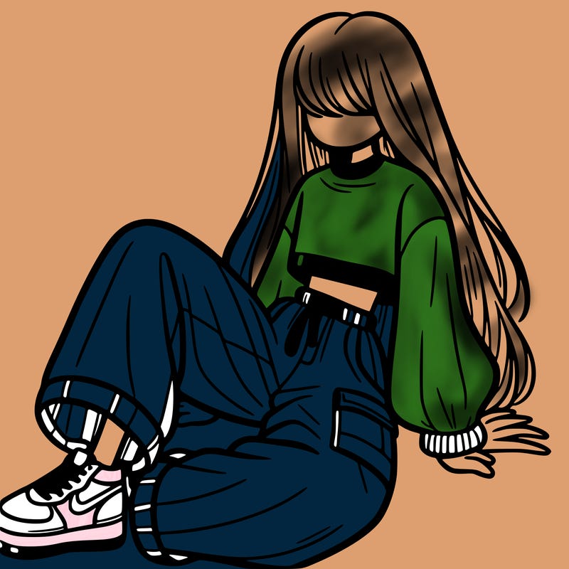 a girl with baggy pants and a crop top with long hair