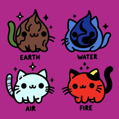 4 cats that represent the different elements, earth, water, air, and fire