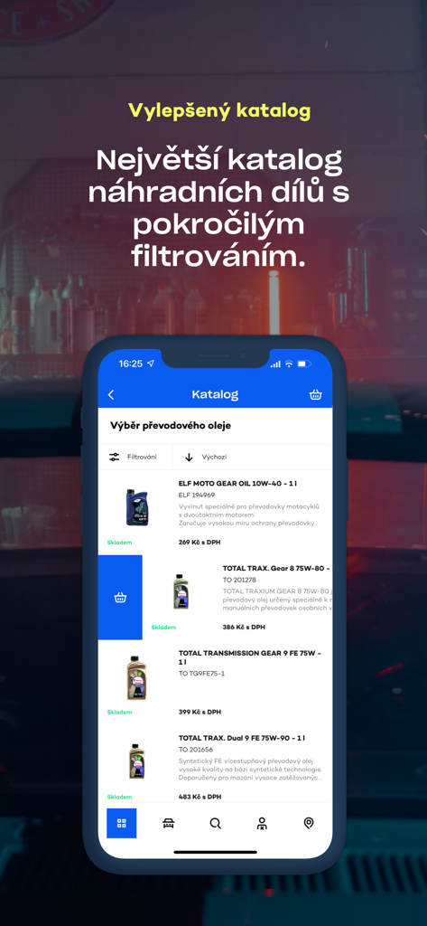 LKQ CZ - Schermata del catalogo ricambi dell'app LKQ CZ che mostra la selezione di olio per ingranaggi e i prezzi