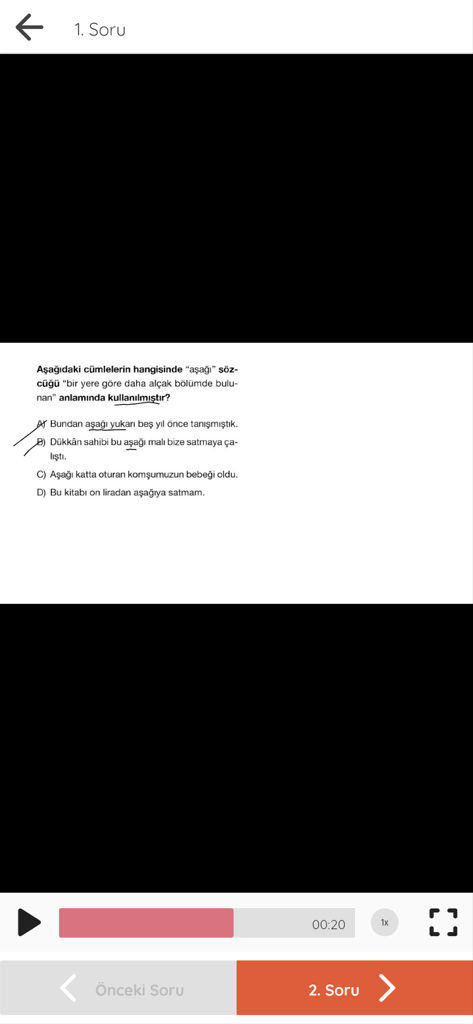 Sinan Kuzucu Video Çözüm - Mobile app interface displaying a Turkish language test question with a video player and navigation buttons