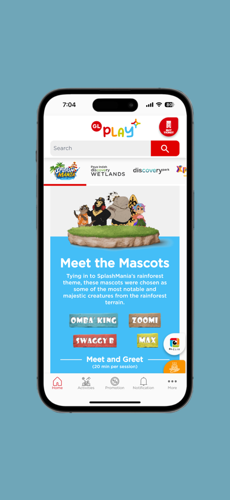 GL Play - The GL Play app interface showing the SplashMania mascots section with characters Omba King Zoomi Swaggy B and Max