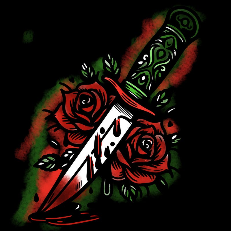 knife with roses and thorns and blood