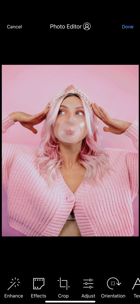 In-app photo editor interface showing various editing tools like Enhance, Effects, and Crop.