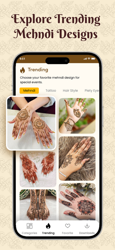 A mobile app screen showcasing a gallery of trending bridal mehndi and henna patterns for hands and feet
