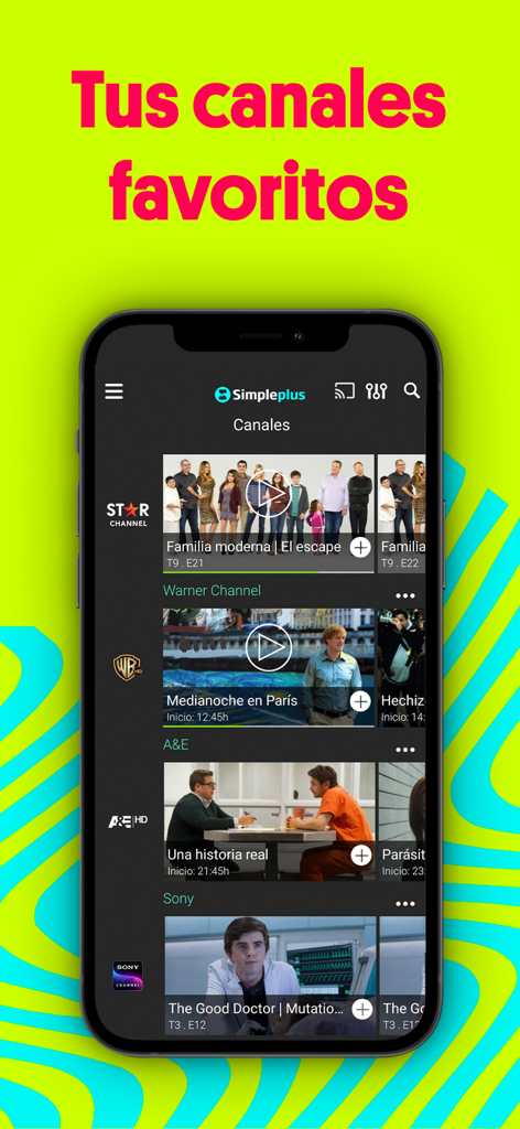 Simpleplus - Simpleplus mobile app screen showing a list of favorite TV channels like Star and Warner Channel.