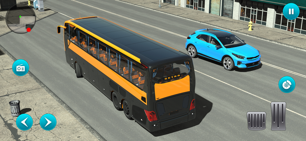 World Tour Bus Simulator 2024 - Gameplay of World Tour Bus Simulator 2024 showing an orange and black bus driving through a city