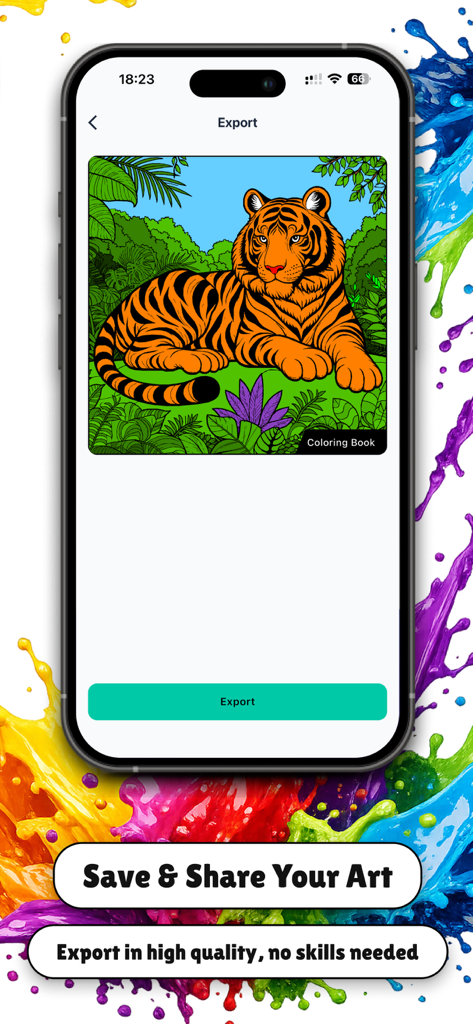 Coloring Book: Paint & Art - La pantalla de exportación de la aplicación Libro de Colorear mostrando una ilustración de tigre terminada con un botón de guardar y compartir