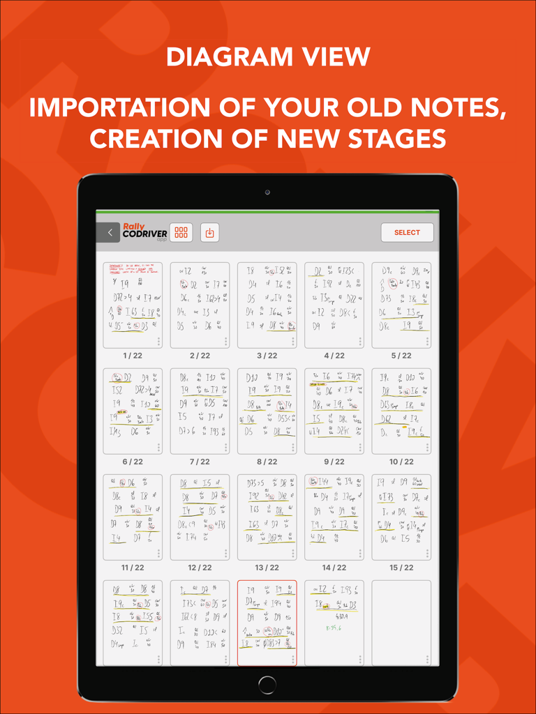 Rally Codriver - Una vista a griglia di più pagine di note di navigazione digitali all'interno dell'app Rally Codriver su uno schermo iPad