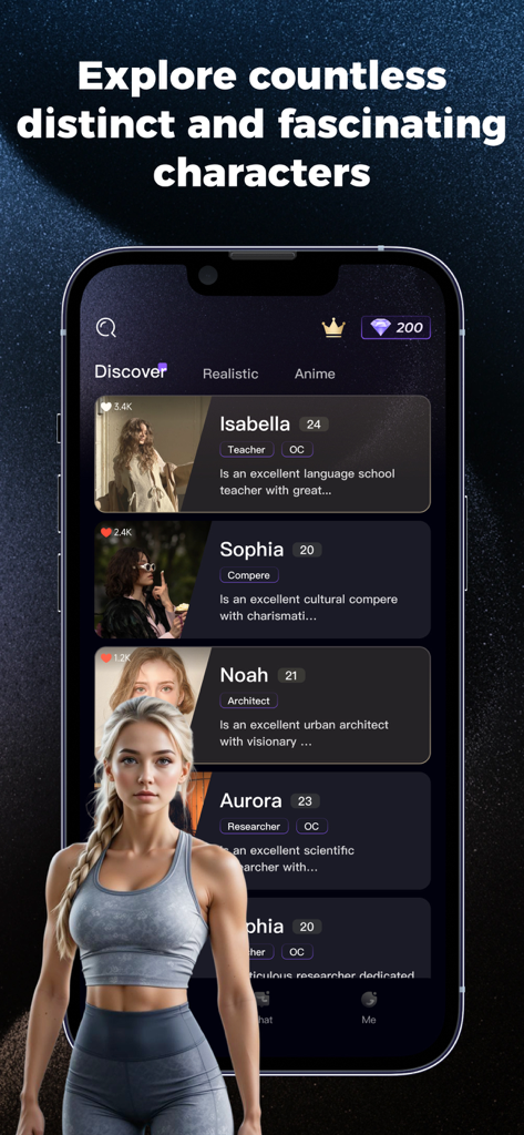 Kokoa AI app screen featuring a list of unique AI personalities for roleplay chat.