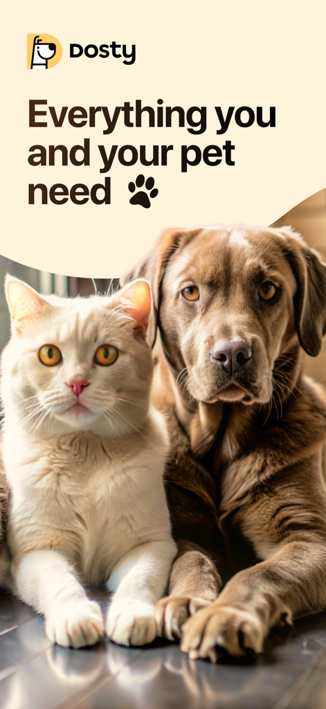 A cat and a dog sitting together under the Dosty logo and the slogan Everything you and your pet need