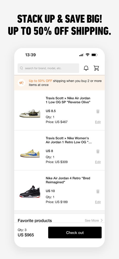 Mobile app interface of SNKRDUNK showing a shopping cart with limited edition Nike Air Jordan sneakers and a shipping discount promotion.