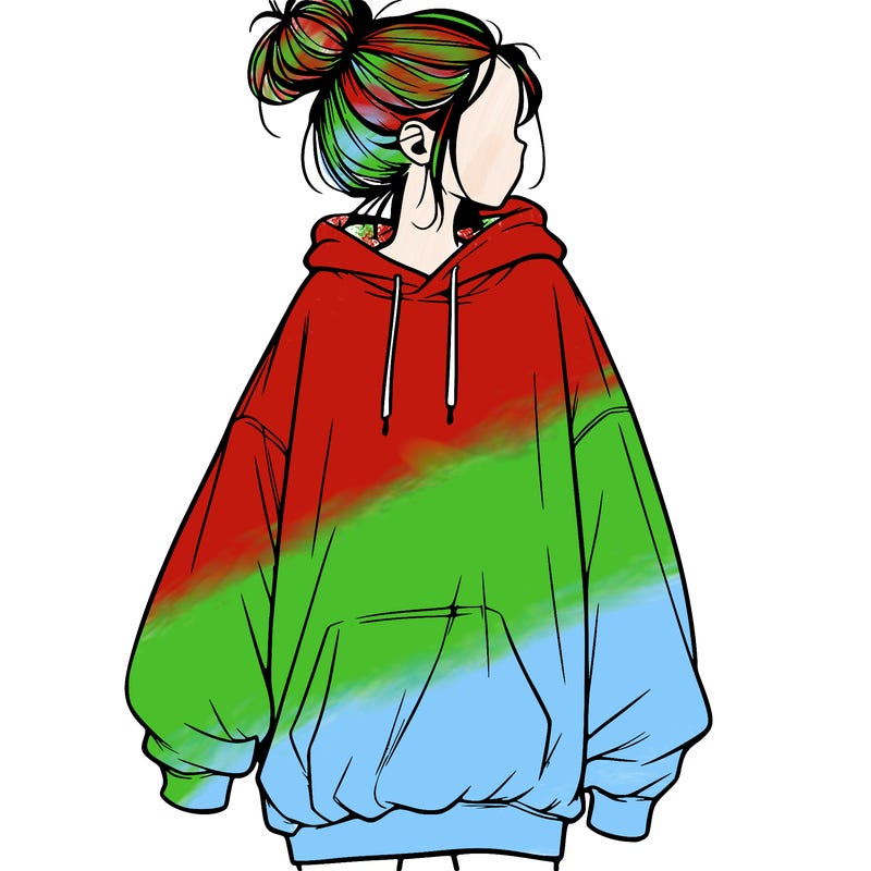 realistic girl with a oversized sweatshirt on and a bun