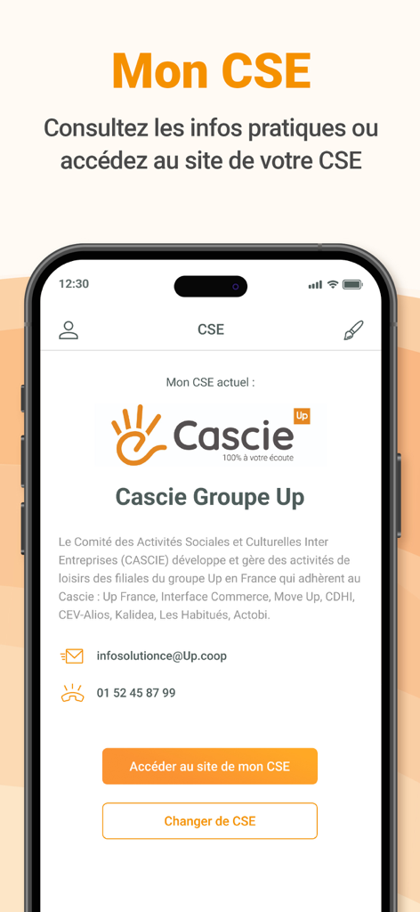 UpKonnect - UpKonnect mobile app interface showing the employee benefits committee dashboard with company contact details and access buttons