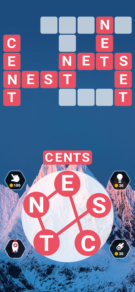Word Galaxy Challenge - Word Galaxy Challenge crossword puzzle level featuring a snowy mountain landscape background and letter wheel