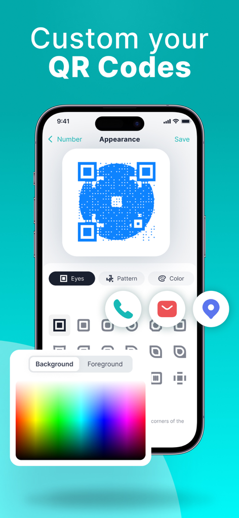 QR Code Reader & Scanner・ - Mobile interface showing customization options for creating personalized QR codes with different colors and patterns