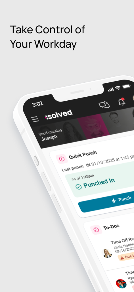 isolved People Cloud - Interface do aplicativo móvel isolved People Cloud mostrando gerenciamento do dia de trabalho e recursos de registro rápido