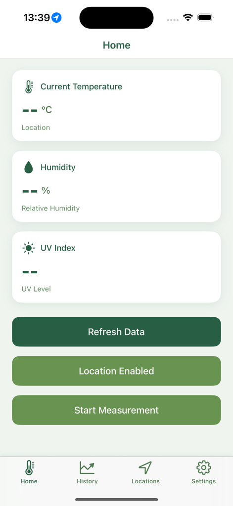 Home dashboard of the Thermometer Room and Indoor Track app showing temperature humidity and UV index tracking