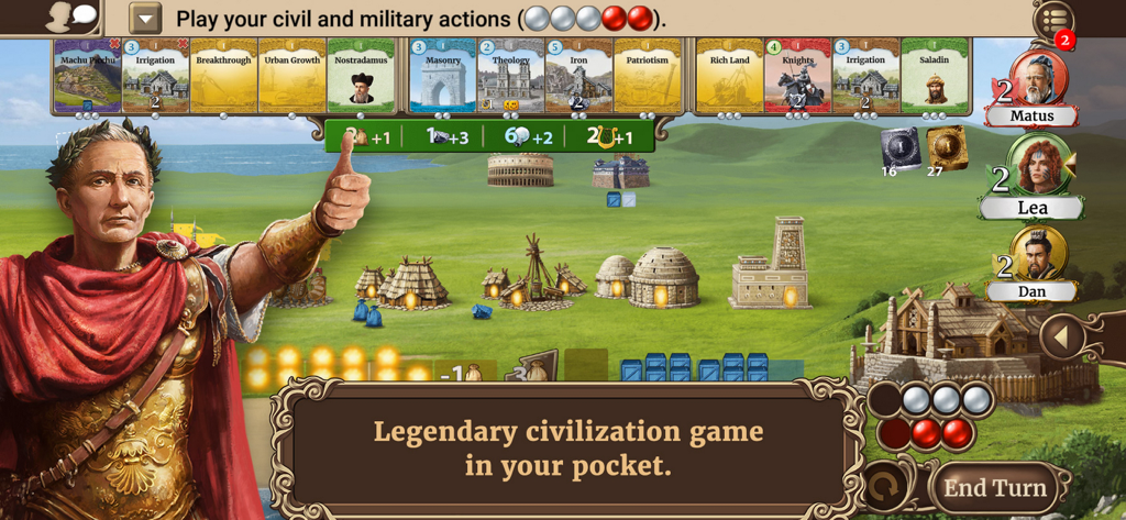 Through the Ages - Captura de pantalla del juego Through the Ages mostrando a Julio César y una fila de cartas estratégicas sobre un fondo de paisaje