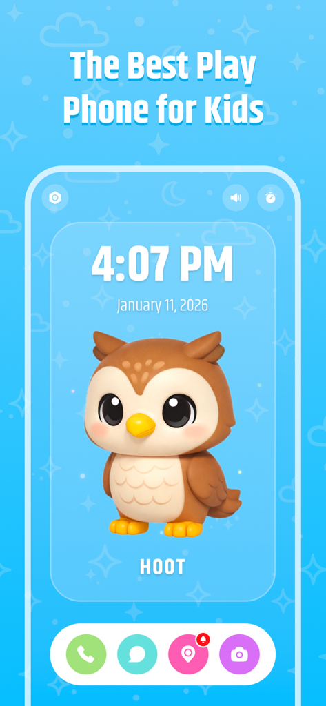 My Magic Phone - Startbildschirm der App Mein magisches Handy mit dem niedlichen Eulencharakter Hoot und bunten Spielsymbolen für Kleinkinder