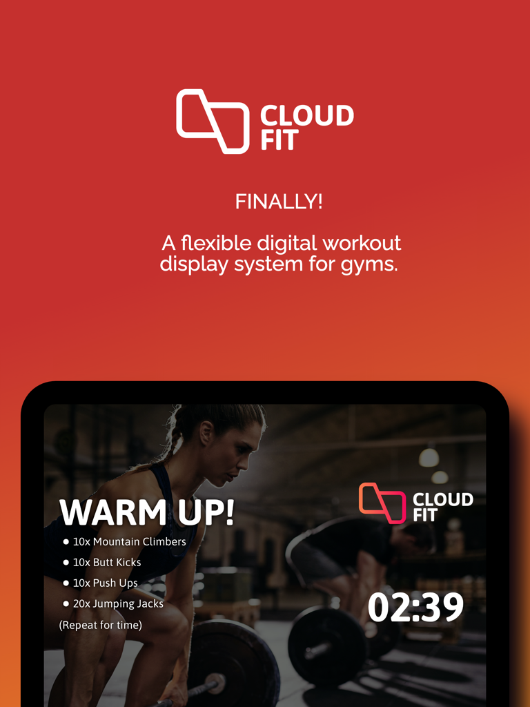 CloudFit TV digital workout display showing a warm up exercise list and timer on a gym screen