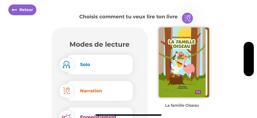 Boukili - Interface of the Boukili app showing reading mode options for the French book La famille Oiseau