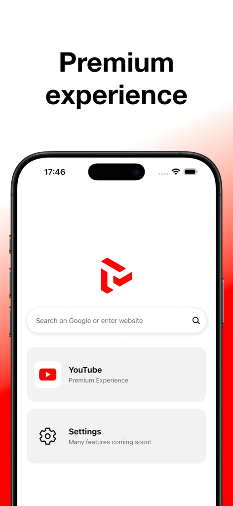 ProTube: Block Ads on Video - Tela inicial do ProTube em um iPhone mostrando uma barra de pesquisa e atalhos para YouTube e configurações.