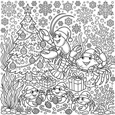Get ready for an ocean-themed Christmas celebration! This delightful coloring page features charming crabs and a cheerful lobster, all decked out in Santa hats, ready to share holiday cheer.