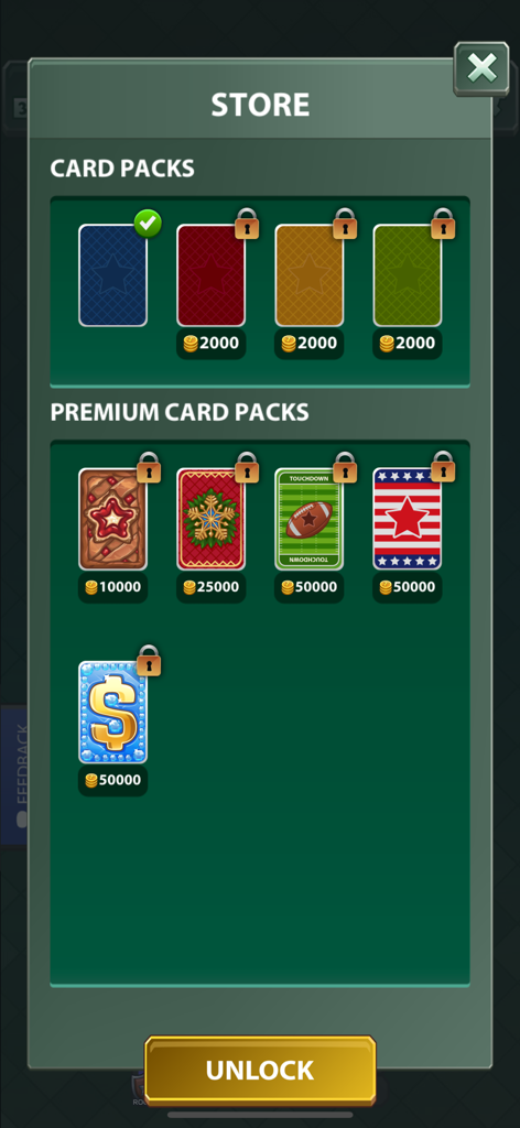 Spite and Malice Card Game - Schermata del negozio in-game che mostra vari pacchetti di mazzi di carte e temi premium disponibili per lo sblocco in Spite and Malice.