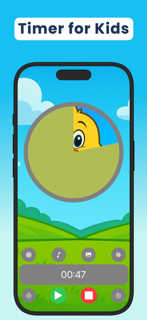 Visual Timer for Kids app interface showing a countdown timer revealing a cartoon chick picture