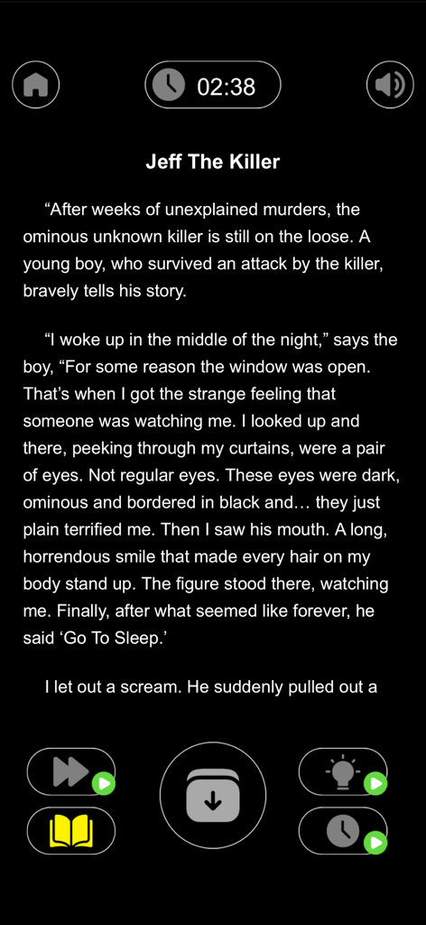 Creepypasta Stories Wallpaper - A mobile screen showing the Jeff The Killer horror story text within the Creepypasta Stories Wallpaper app