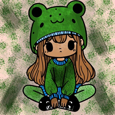 a girl wearing a frog hat and some frog socks
