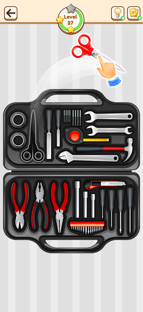 정리 퍼즐 게임 Arrange Them Little Right의 레벨 중 빨간 가위를 공구 상자에 넣는 손