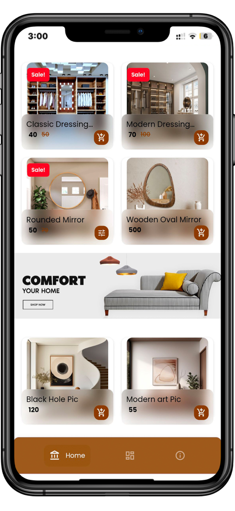 Tamara Decor - Pantalla de la aplicación móvil Tamara Decor mostrando un catálogo de muebles y accesorios para el hogar, incluyendo espejos y mesas de vestidor a medida.