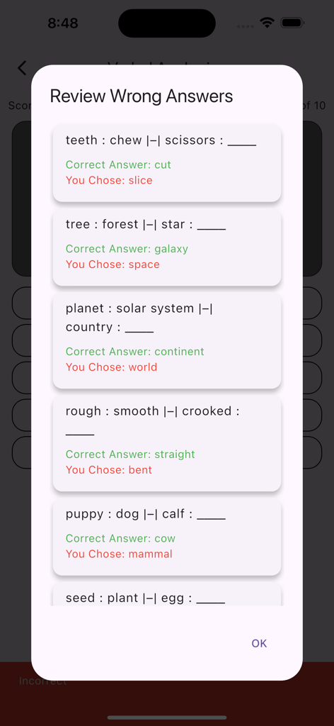 COGAT Grade 3 - Eine Überprüfungsseite mit falschen Antworten und korrekten Erklärungen für verbale Analogien in der COGAT 3. Klasse App.