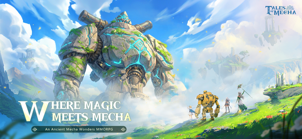 Tales of Mecha - A giant stone mecha with glowing blue lines standing in a fantasy landscape with pilots and floating islands
