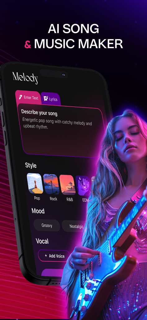 MelodyCraft app interface for creating AI songs with custom text prompts, genres, and mood selection.
