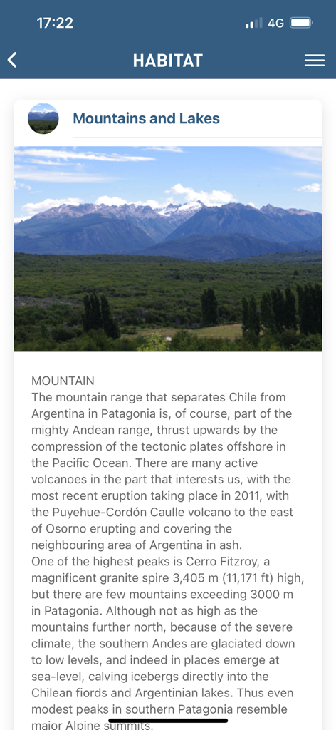 Birds of Patagonia - Birds of Patagonia app habitat section describing the mountains and lakes of the Andean range