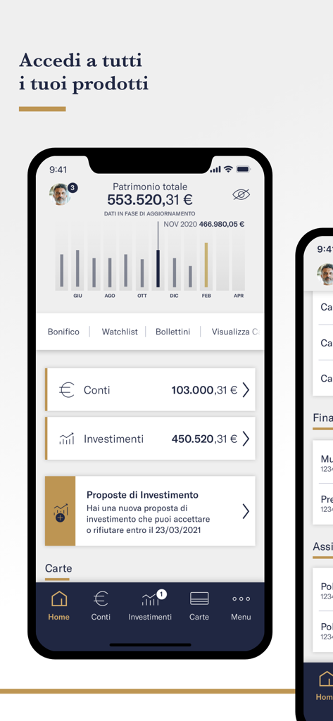 Mediobanca Premier - Dashboard dell'app mobile Mediobanca Premier che mostra una panoramica totale degli asset e dettagli sugli investimenti