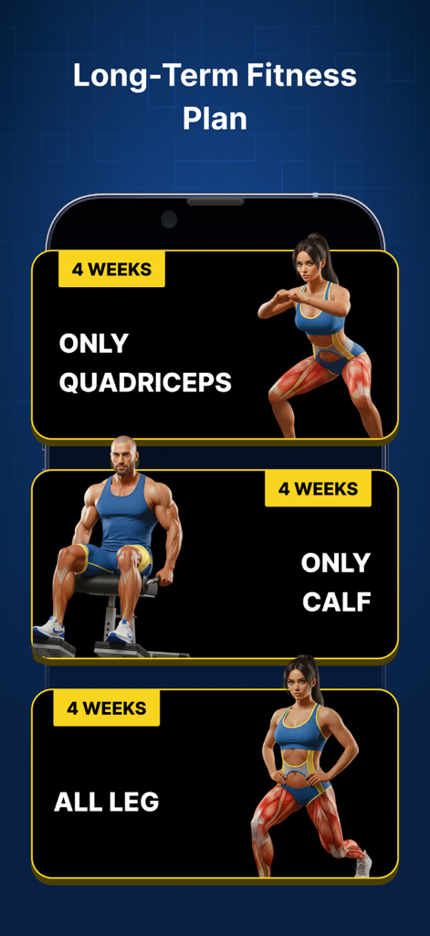 P4P Legify: Leg workout - Pantalla de planes de fitness de la aplicación P4P Legify mostrando planes de 4 semanas para cuádriceps, gemelos y piernas completas con avatares animados en 3D