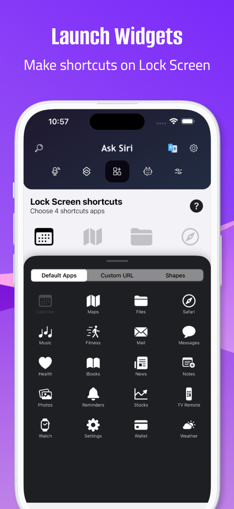 Ask app for Siri for use - Interface of the Ask app for Siri showing lock screen shortcut widget configuration