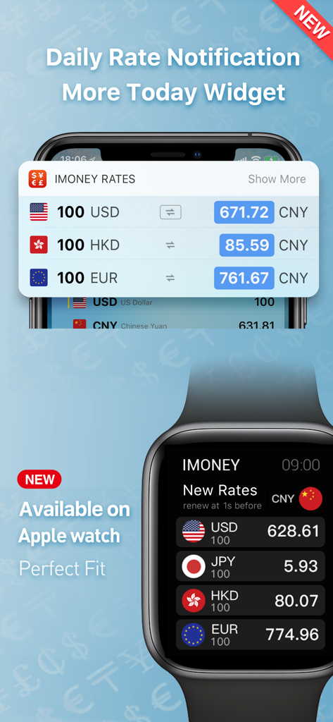 iMoney currency converter widget on iPhone and Apple Watch app interface