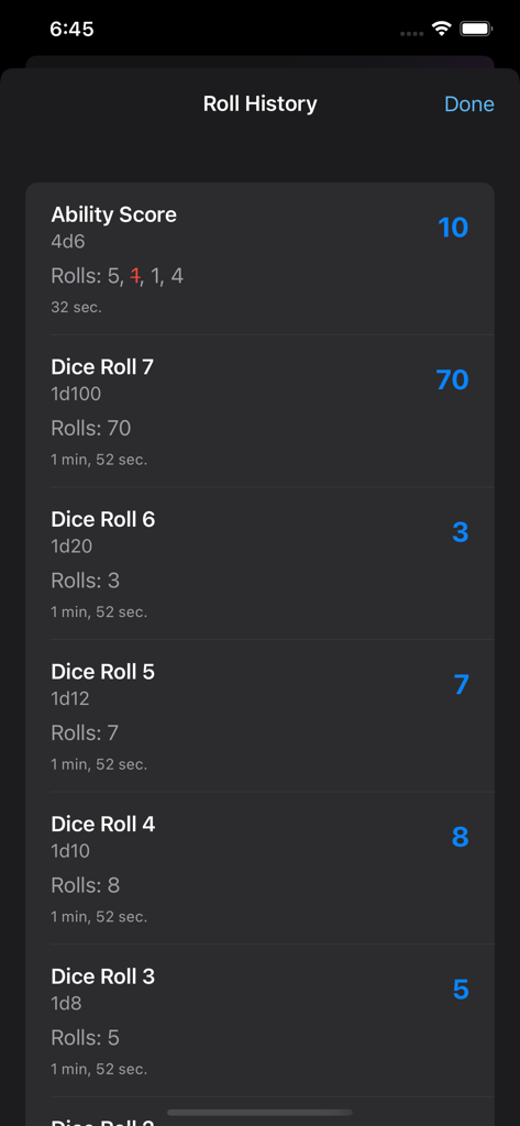 A history log screen showing a list of previous dice roll results and timestamps in the Legend Roller app.