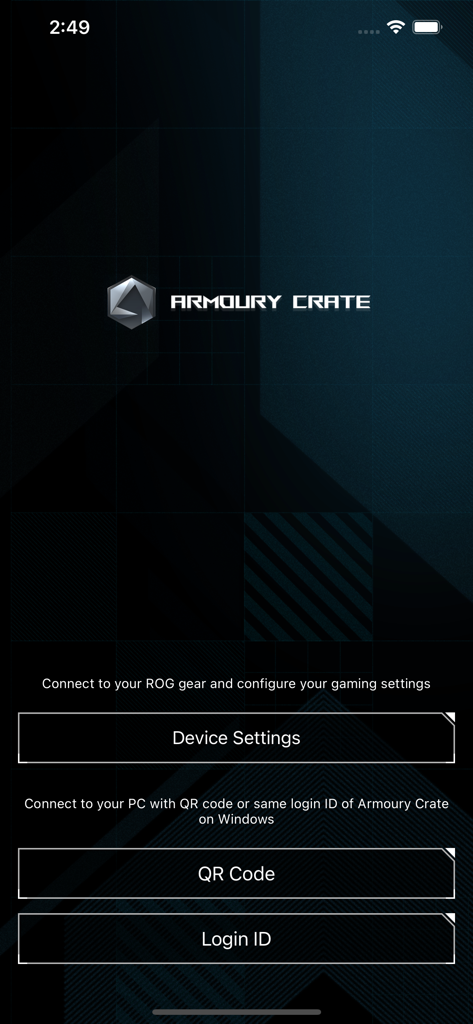 Pantalla de inicio de sesión y conexión de dispositivos de la aplicación móvil Armoury Crate para hardware ASUS ROG