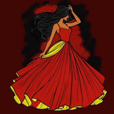 realistic woman with dress flowing in the wind