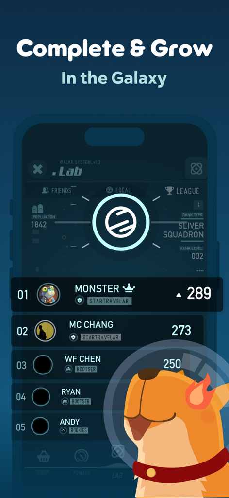 Walkr app screen showing the Silver Squadron league leaderboard and rankings with a cute space character