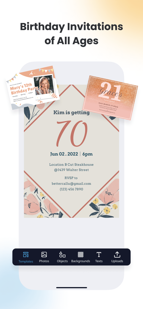 Vivipic - Invitation Maker - Vivipic app interface showcasing customizable birthday invitation templates for ages twelve twenty-one and seventy.