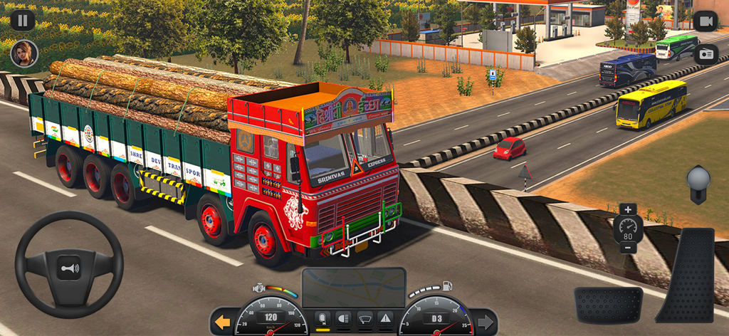 Truck Masters: India Simulator - ドライビングシミュレーターゲームで、高速道路で丸太を運ぶ装飾されたインドのトラック。