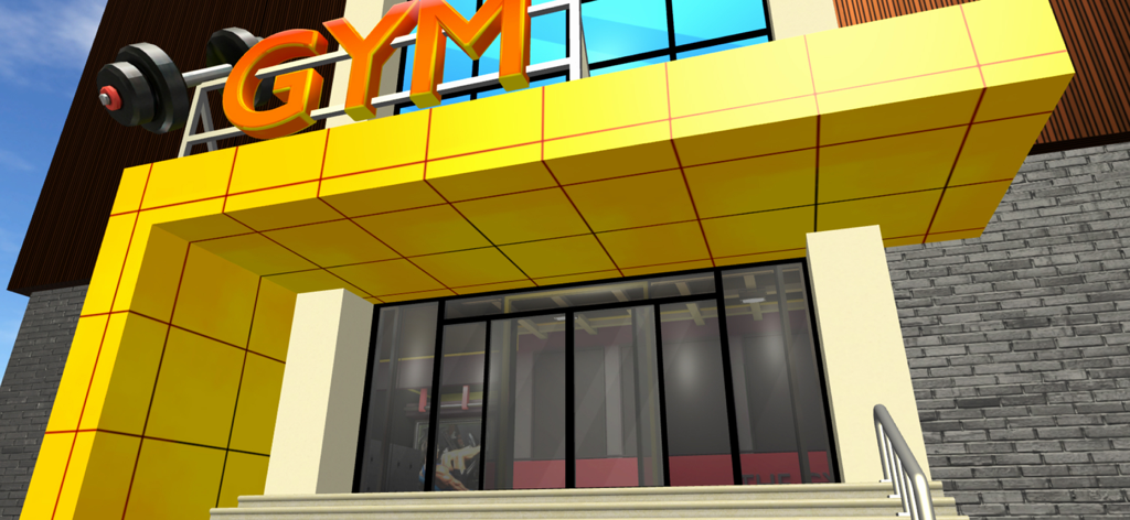 Vista exterior de la entrada del edificio del gimnasio con un letrero amarillo en Gym Simulator Fitness Tycoon